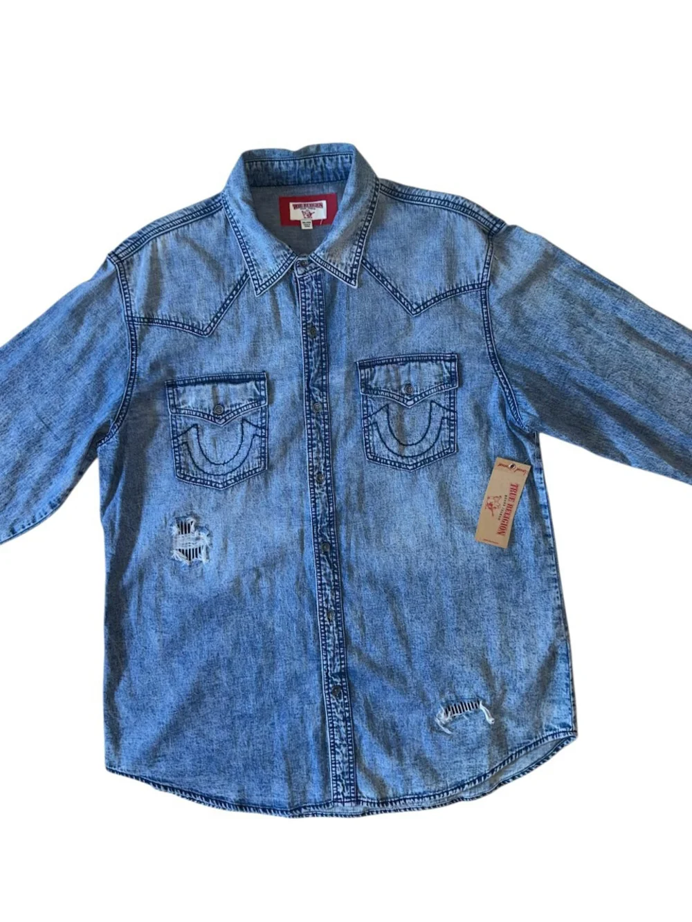 True Religion Mens 3XL Western Blue Denim Jean Jacket Distressed Ocean Tide